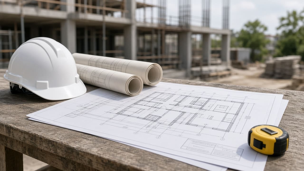 Architect drawings on a building site